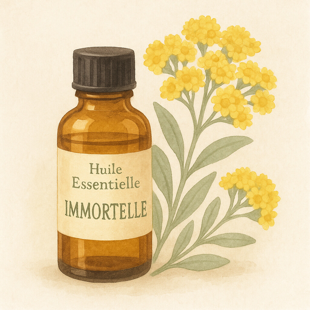 Flacon d’huile essentielle d’immortelle et fleurs jaunes